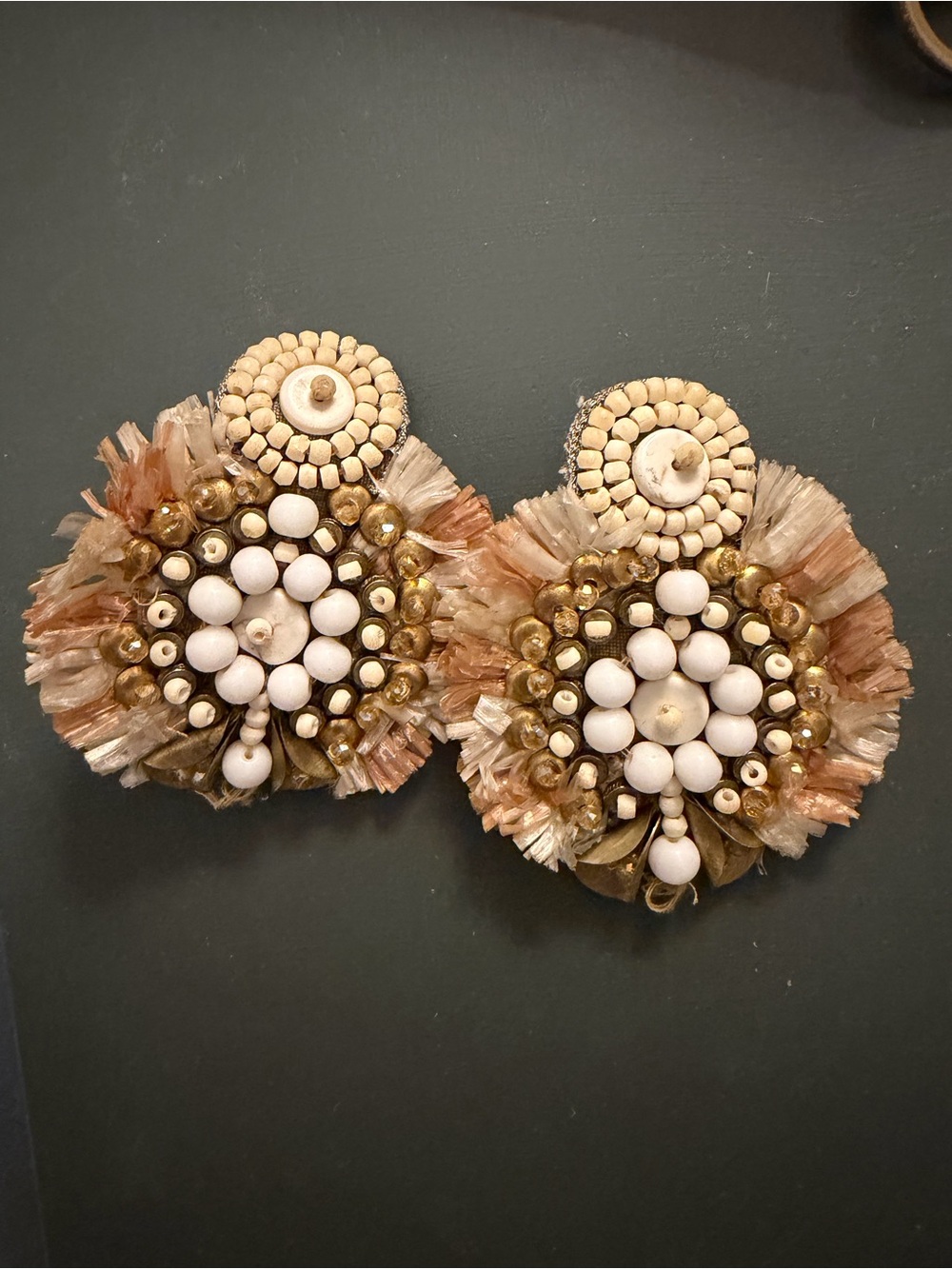 Anthropologie Beige, White and Gold Beaded Floral Statement Earrings